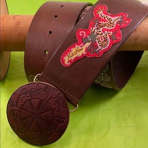 Nick & Nora Embroidered Brown Leather Belt